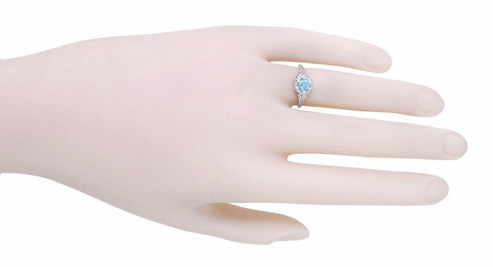 Art Deco Filigree Flowers Blue Topaz Promise Ring in Sterling Silver - Item: SSR706BT - Image: 4