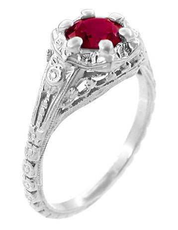 Art Deco Filigree Flowers Ruby Promise Ring in Sterling Silver - Item: SSR706CR - Image: 2