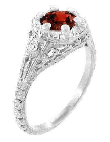 Art Deco Filigree Flowers Almandine Garnet Promise Ring in Sterling Silver - Item: SSR706G - Image: 2