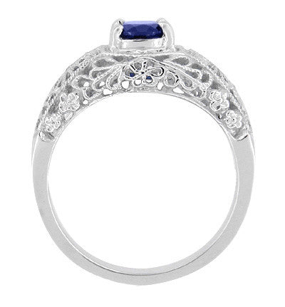 Edwardian Floral Filigree Blue Sapphire Dome Promise Ring in Sterling Silver - Item: SSRV16S - Image: 2