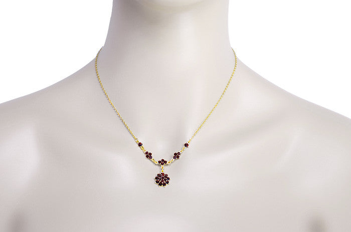 Gorgeous Victorian Bohemian Garnet Floral Drop Necklace in Sterling Silver with Yellow Gold Vermeil - Item: N111 - Image: 3