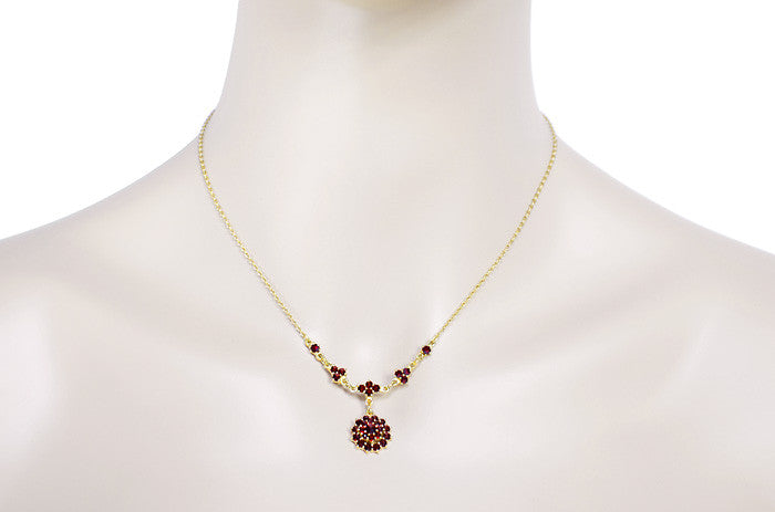 Victorian Bohemian Garnet Floral Drop Necklace in Sterling Silver and Yellow Gold Vermeil - Item: NBG123 - Image: 3