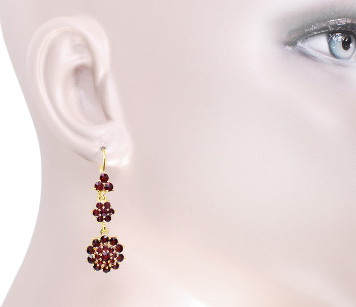 Victorian Bohemian Garnet Floral Double Drop Earrings in 14 Karat Yellow Gold and Sterling Silver Vermeil - Item: E147 - Image: 3