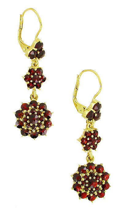 Victorian Bohemian Garnet Floral Double Drop Earrings in 14 Karat Yellow Gold and Sterling Silver Vermeil - Item: E147 - Image: 2