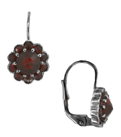 Victorian Bohemian Garnet Floral Earrings in Antiqued Sterling Silver with 14 Karat Gold Earwires - Item: E148 - Image: 2