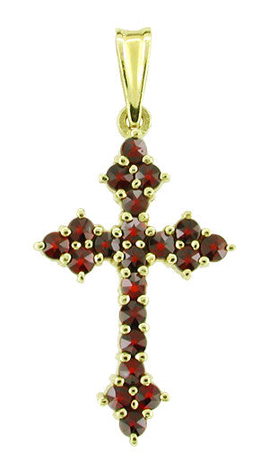 Victorian Bohemian Red Garnet Gothic Cross Pendant in Sterling Silver with Yellow Gold Vermeil