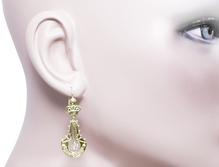Victorian Diamond Double Dangle Drop Earrings in 14K Yellow Gold - Item: E124 - Image: 2
