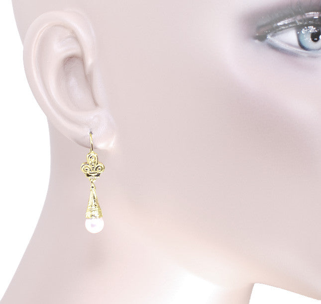 Victorian Fleur de Lys Pearl Drop Earrings in 14 Karat Yellow Gold - Item: E125 - Image: 3