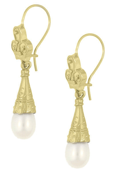 Victorian Fleur de Lys Pearl Drop Earrings in 14 Karat Yellow Gold - Item: E125 - Image: 2