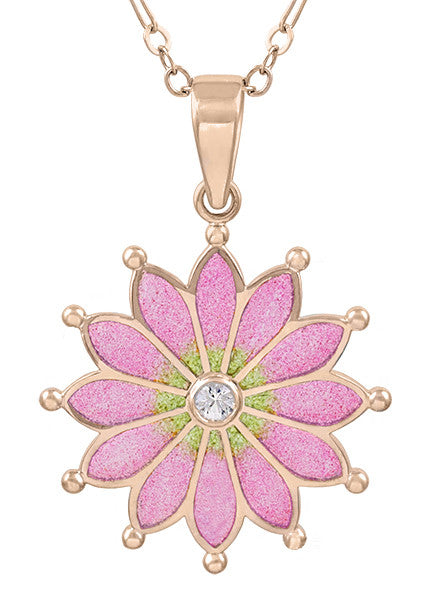 Plique a Jour Enamel Flower Pendant Necklace in Rose Gold Vermeil Sterling Silver with White Sapphire | Art Nouveau 1910 Vintage Replica