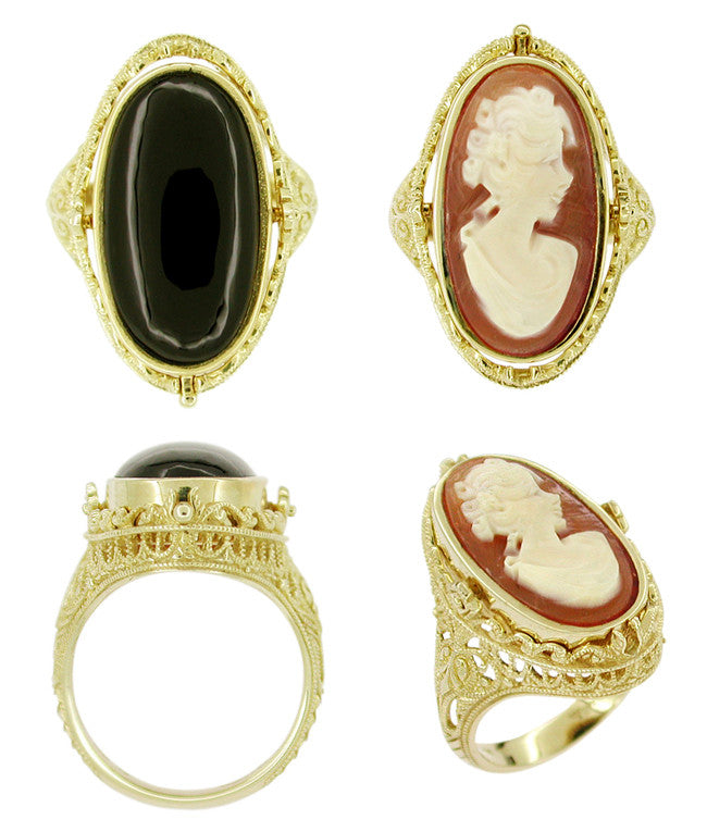 Filigree Edwardian Flip Ring with Carnelian Shell Cameo and Black Onyx in 14 Karat Gold - Item: VR148 - Image: 2
