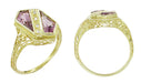 Art Deco Amethyst and Diamond Shield Filigree Ring in 14 Karat Yellow Gold