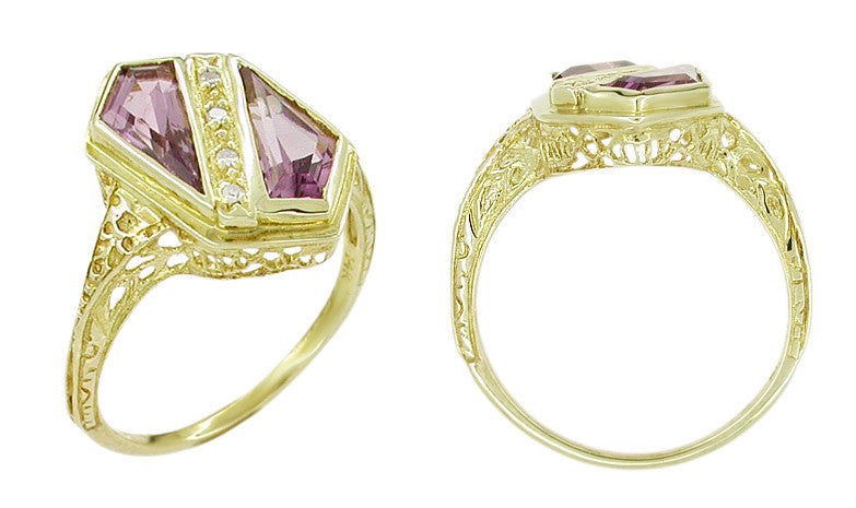 Art Deco Amethyst and Diamond Shield Filigree Ring in 14 Karat Yellow Gold - Item: VR343A - Image: 2