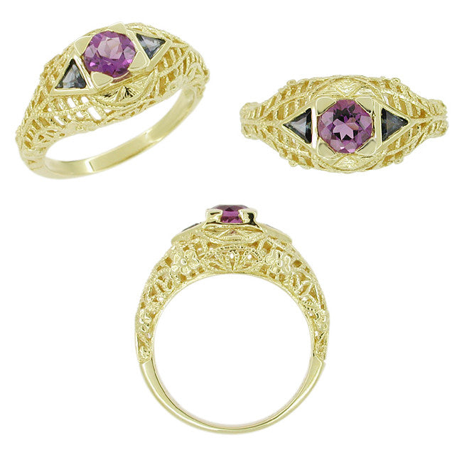 Art Deco Amethyst and Triangle Blue Sapphire Filigree Ring in 14 Karat Yellow Gold - Item: VR754 - Image: 2
