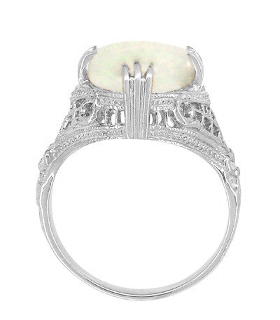 Art Deco Filigree Large White Opal Ring in 14 Karat White Gold - Item: R157 - Image: 3