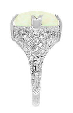 Art Deco Filigree Large White Opal Ring in 14 Karat White Gold - Item: R157 - Image: 2