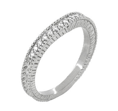 Art Deco Carved Wheat & Diamonds Curved Wedding Band in 14K or 18K White Gold - Item: WR1153W14 - Image: 2