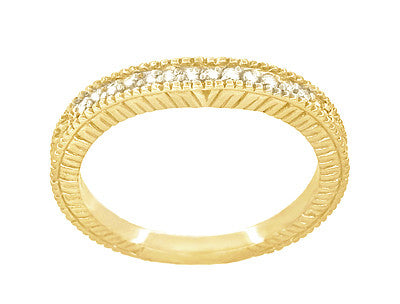Art Deco Yellow Gold Curved Wheat Diamond Wedding Band - 18K or 14K - Item: WR1153Y14 - Image: 3