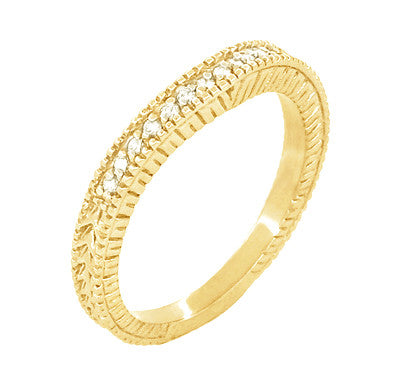 Art Deco Yellow Gold Curved Wheat Diamond Wedding Band - 18K or 14K - Item: WR1153Y14 - Image: 2