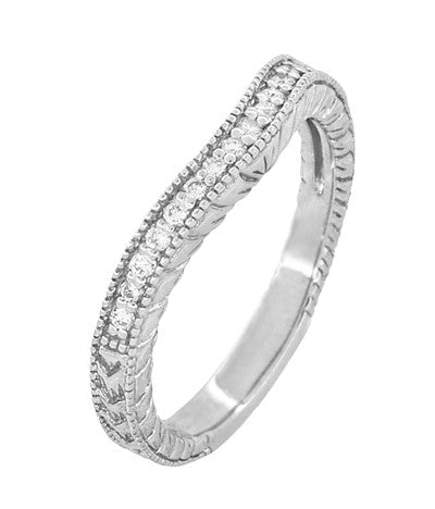 Art Deco White Gold Vintage Wheat Engraved Curved Diamond Wedding Band - Item: WR1205W14-LC - Image: 3