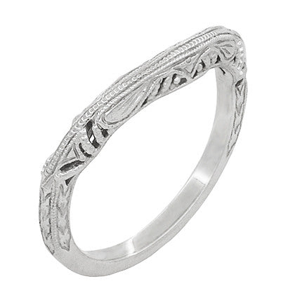 Art Deco Filigree and Wheat Engraved Curved Wedding Ring in Platinum - Item: WR161P - Image: 2
