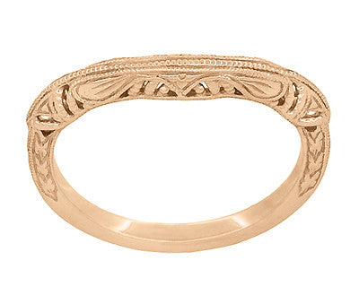 Art Deco Filigree and Wheat Engraved Curved Wedding Ring in 14 Karat Rose Gold - Item: WR161R - Image: 3