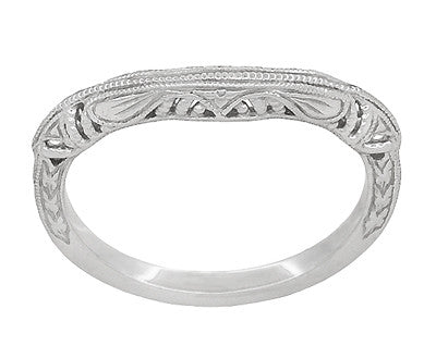 Art Deco Filigree and Wheat Engraved Curved Wedding Ring in 14 Karat White Gold - Item: WR161W - Image: 3