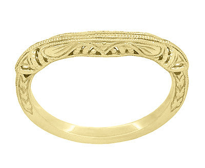Art Deco Filigree and Wheat Engraved Curved Wedding Ring in 14 Karat Yellow Gold - Item: WR161Y - Image: 3