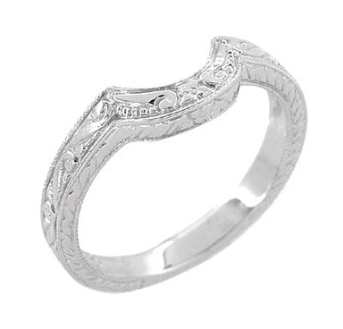 Art Deco Engraved Scrolls and Wheat Curved Wedding Band in 18 Karat White Gold