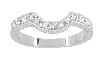 Art Deco Heirloom Carved Scrolls and Wheat Curved Diamond Wedding Band in 18 Karat White Gold - Item: WR178D - Image: 2