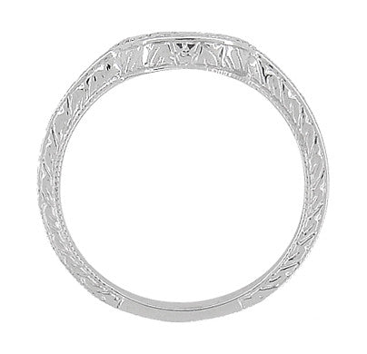 Art Deco Scrolls and Wheat Engraved Platinum Rounded Curved Wedding Band - Item: WR178P - Image: 5