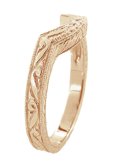 Vintage Engraved Art Deco Wheat and Scrolls 14 Karat Rose Gold Curved Wedding Band - Item: WR178R - Image: 3