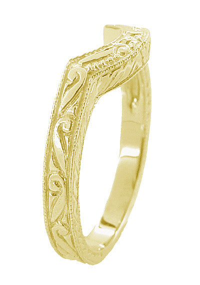 Art Deco Engraved Scrolls and Wheat Curved Wedding Band in 18 Karat Yellow Gold - Item: WR178Y - Image: 3