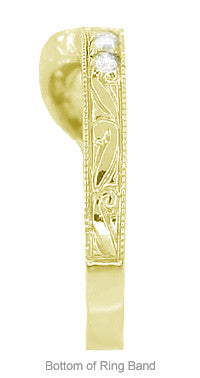 18 Karat Yellow Gold Art Deco Engraved Wheat and Scrolls Curved Hugger Diamond Wedding Band - Item: WR178YD - Image: 6