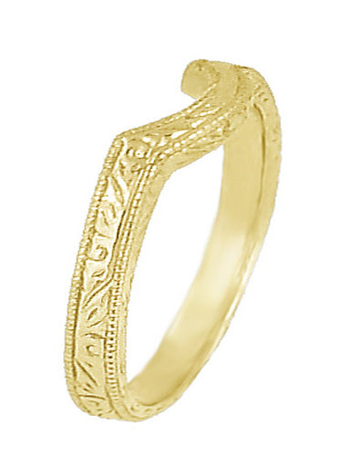 Art Deco Carved Scrolls Contoured Yellow Gold Wedding Band - 14K or 18K - alternate view