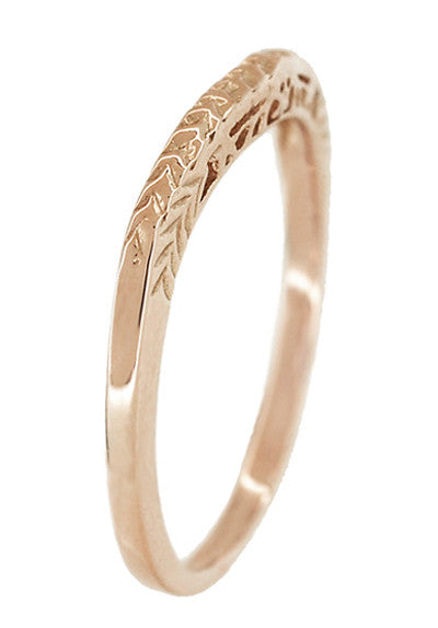 Art Deco Crown of Leaves Filigree Curved Engraved Wedding Band in 14 Karat Rose Gold - Item: WR299R50 - Image: 4