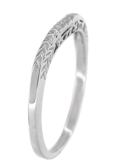 Crown of Leaves Art Deco Curved Filigree Engraved Wedding Band in 14K or 18K White Gold - Item: WR299W14K50 - Image: 4
