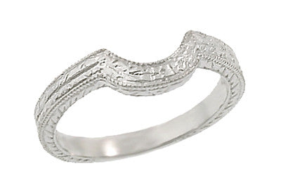 Art Deco Curved Engraved Wheat Vintage Wedding Ring in 14 or 18 Karat White Gold - WR306W