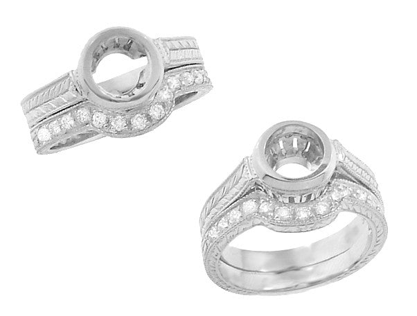 Art Deco Diamond Curved Engraved Wheat Wedding Ring in 18 Karat White Gold - Item: WR306WD - Image: 4