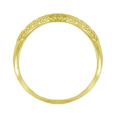 Art Deco Olive Leaves and Engraved Wheat Curved Wedding Band in 14 Karat Yellow Gold - Item: WR419Y2 - Image: 2