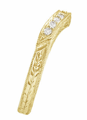 Art Deco Yellow Gold Carved Wheat Curved Hugger Diamond Wedding Band - Item: WR679YD14 - Image: 2