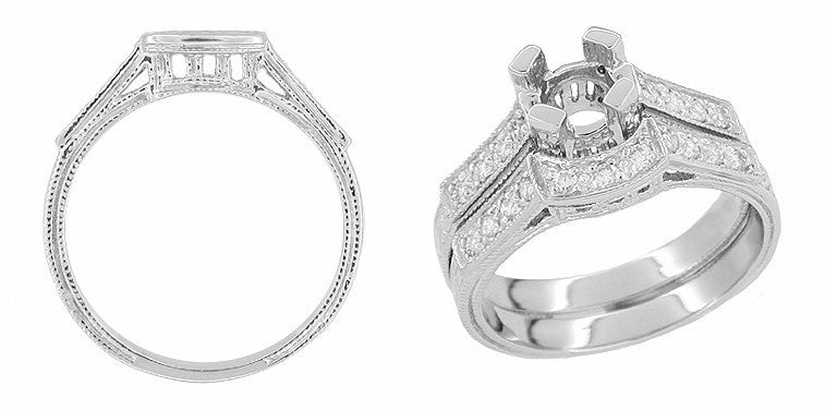 Art Deco Diamonds Filigree Scrolls Curved Wedding Ring in 18 Karat White Gold | Scroll Engraved Vintage Style Curved Band - Item: WR714 - Image: 2