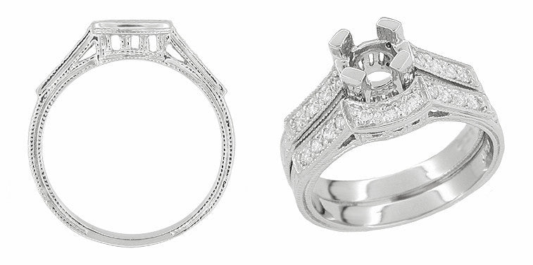 Art Deco Platinum and Diamond Filigree Engraved Companion Wedding Ring - Item: WR714P - Image: 2