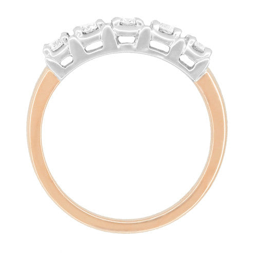 Mid Century Modern Straightline 5 Diamond Wedding Ring in 14 Karat White and Rose Gold - Item: WR728R-LC - Image: 3