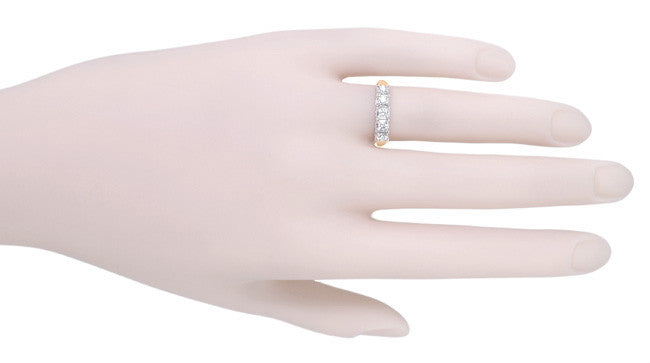 Mid Century Modern Straightline 5 Diamond Wedding Ring in 14 Karat White and Rose Gold - Item: WR728R-LC - Image: 4