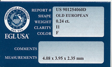 0.24 Carat Natural Loose Old European Cut Diamond - F Color I1 Clarity - alternate view
