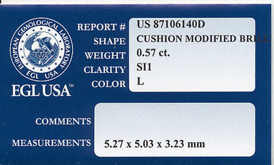 0.57 Carat Natural Loose Cushion Modified Brilliant Cut Diamond L Color SI1 Clarity - alternate view