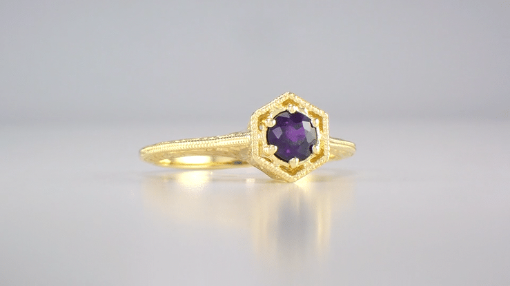 3/4 Carat Amethyst Art Deco Engraved Hexagon Filigree Ring in 14 Karat Yellow Gold - Item: R233Y - Image: 4
