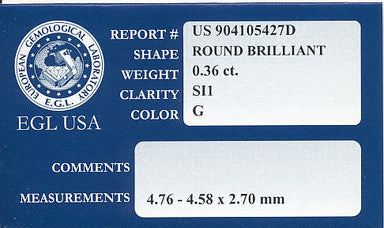 0.36 Carat G Color SI1 Clarity EGL USA Natural Loose Round Diamond - alternate view
