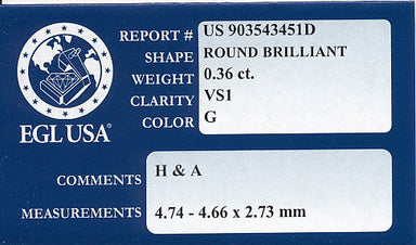 0.36 Carat G Color VS1 Clarity Natural Loose Round Diamond | Hearts and Arrows Cut | EGL USA Report - alternate view
